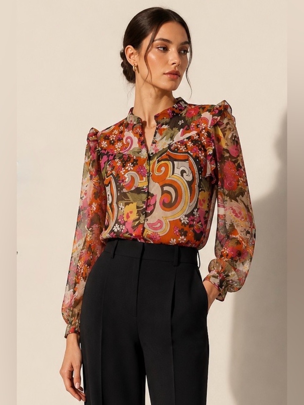 Walter Baker Orange and Pink Floral Paisley Sheer Blouse